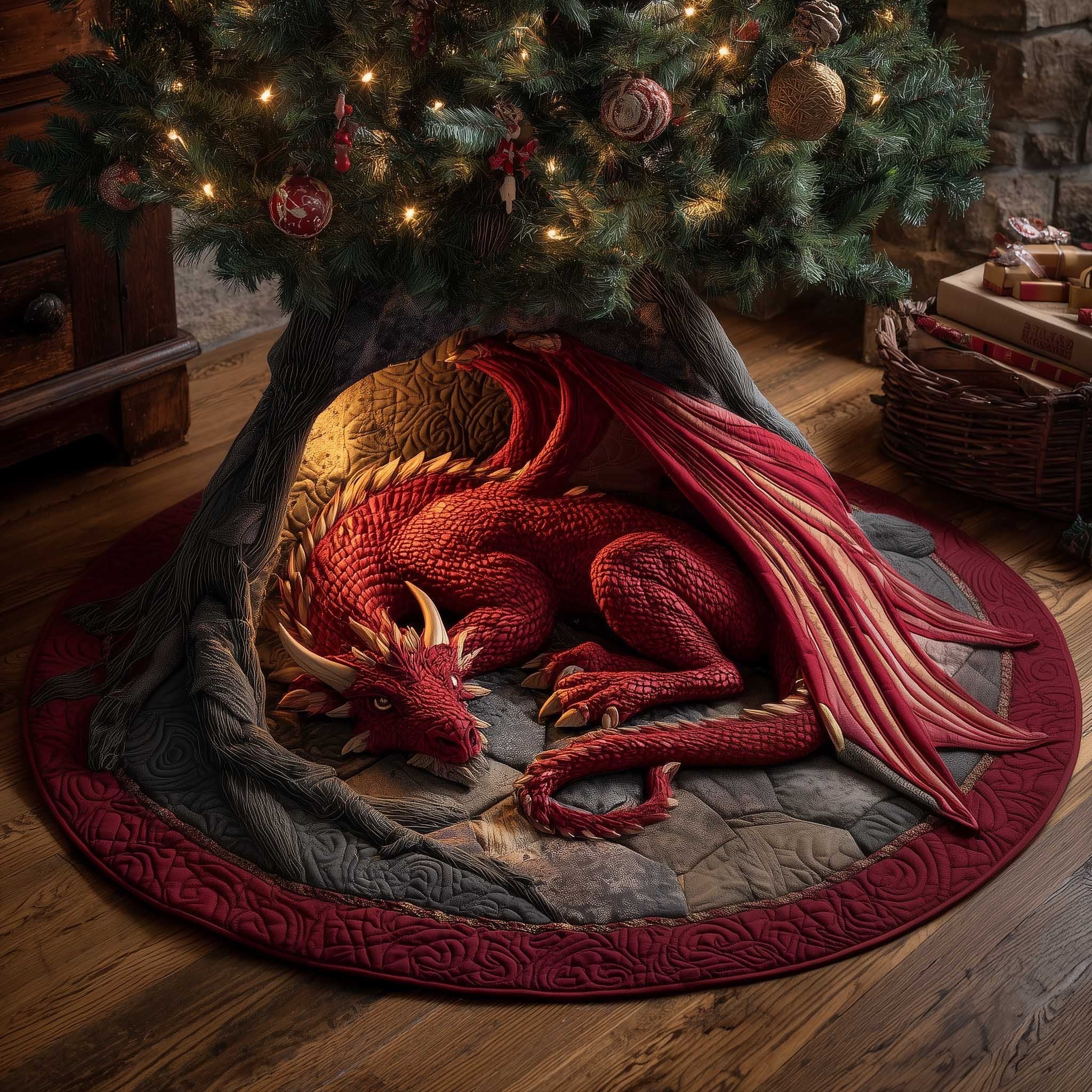 Red Dragon Asleep on Red Quilt Christmas Tree Skirt