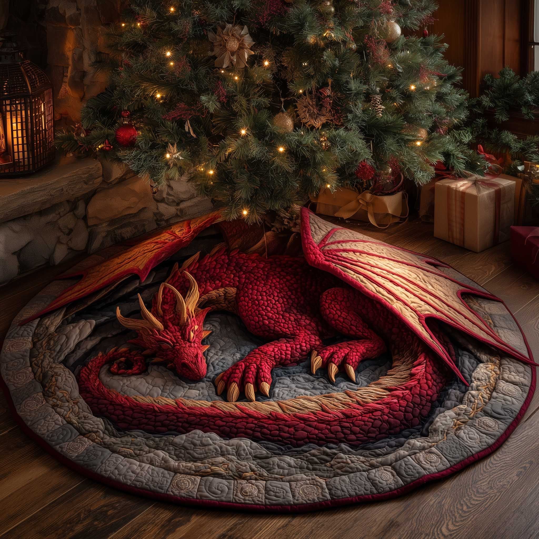 Red Dragon with Spread Wings Christmas Tree Skirt