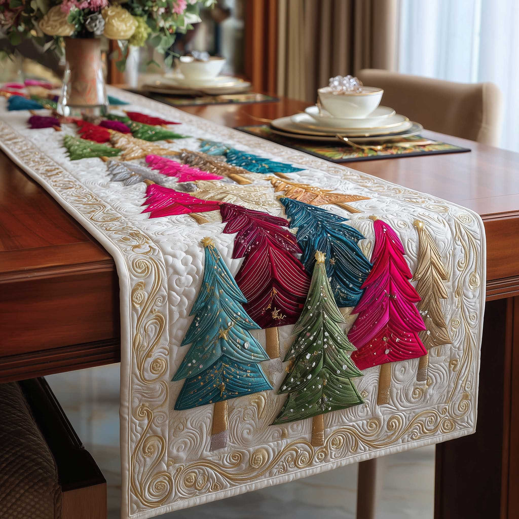 Pink and Teal Trees on White Table Runner