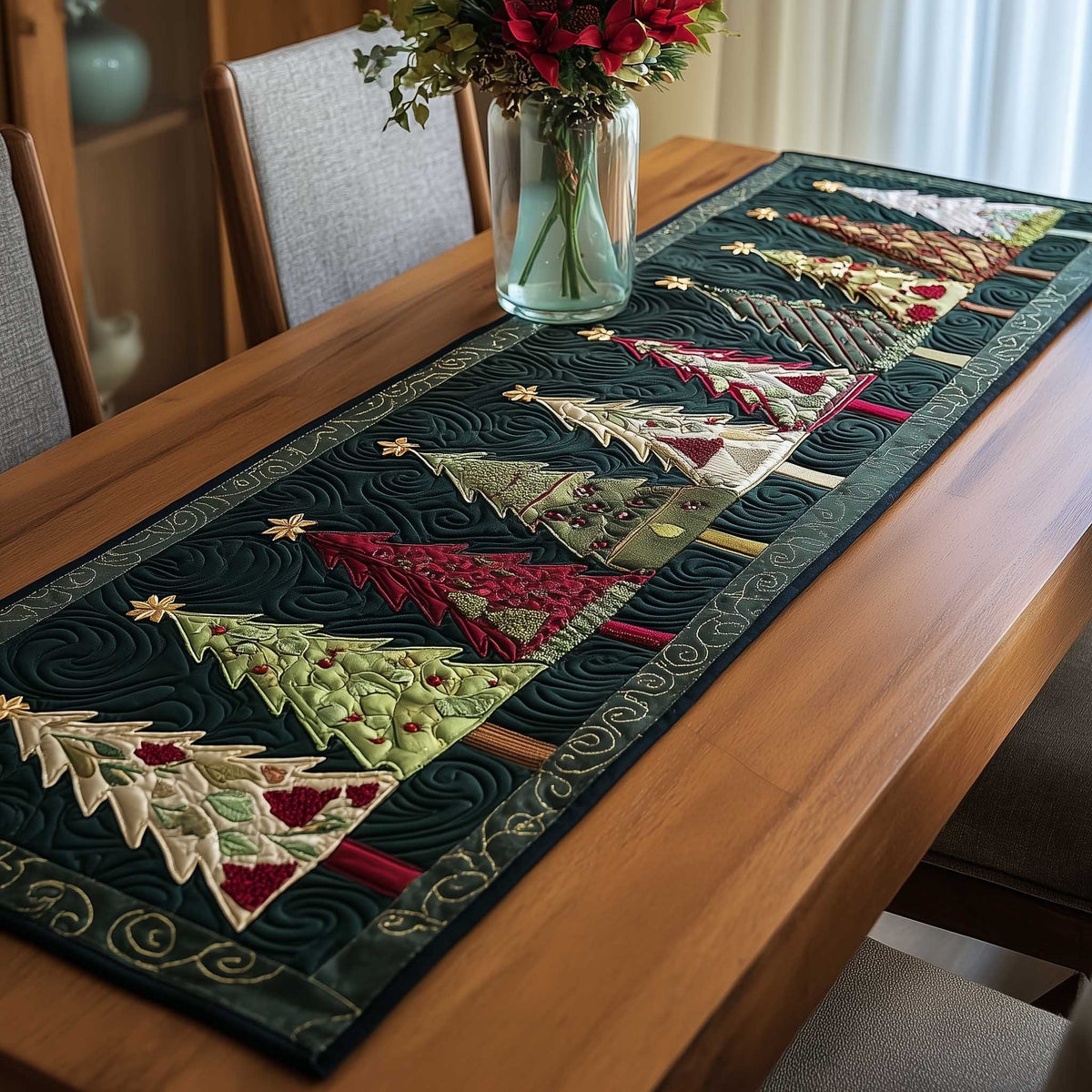 Green and Red Trees on Deep Green Table Runner