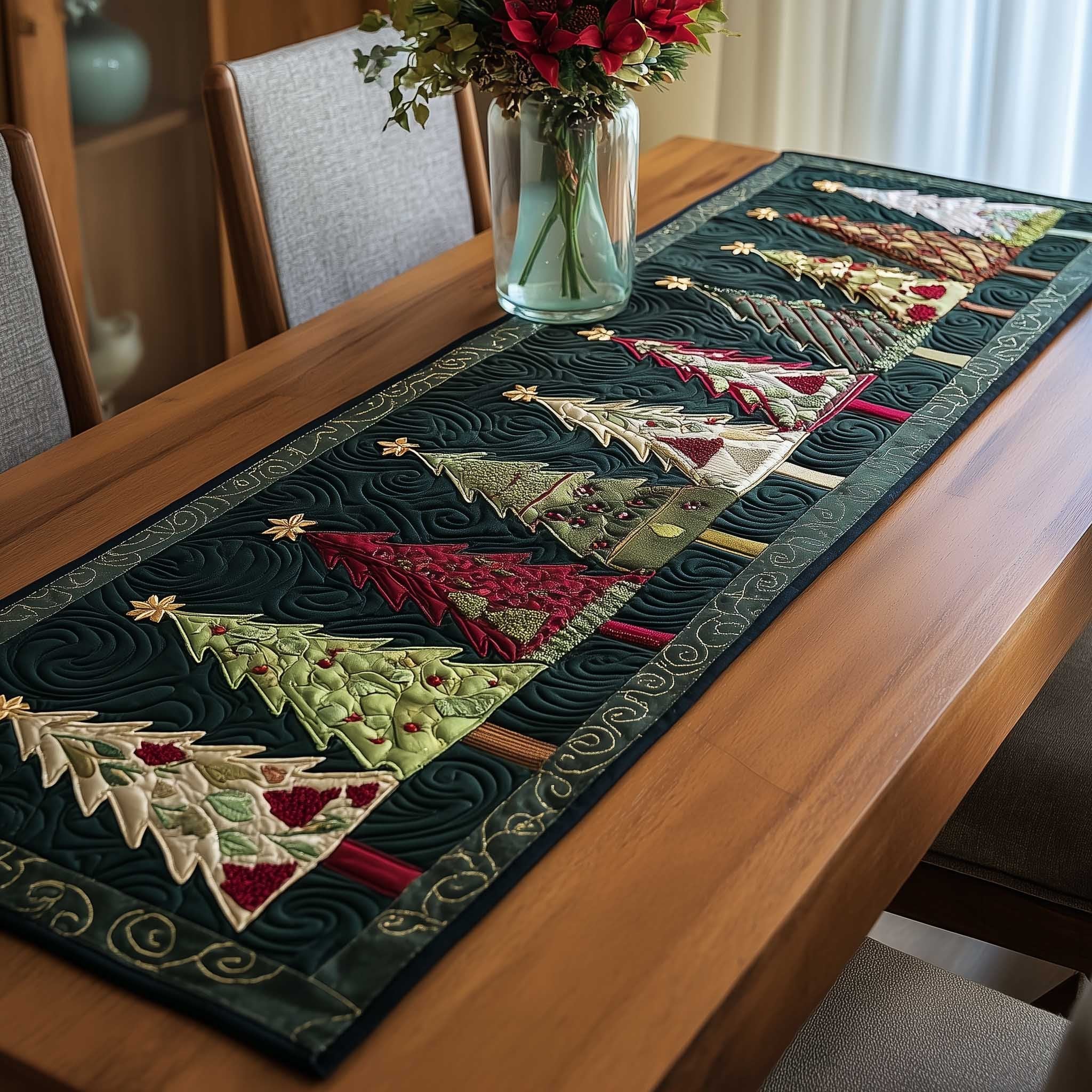 Green and Red Trees on Deep Green Table Runner