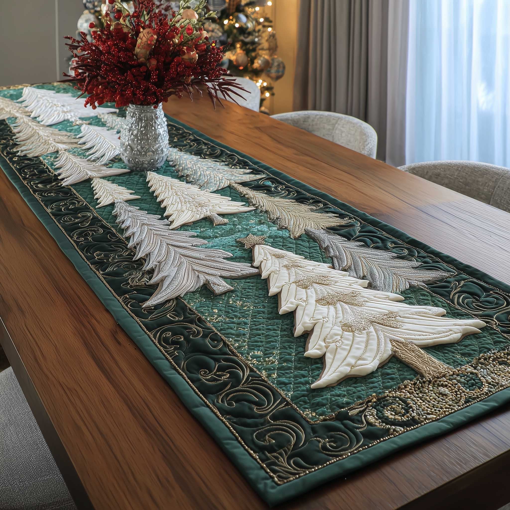 White Trees on Teal Table Runner