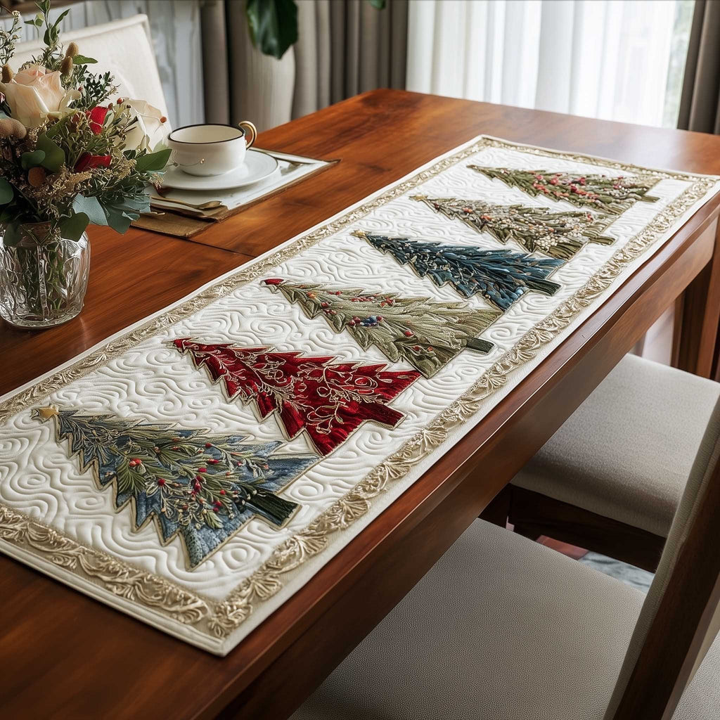 Red and Green Trees on Cream Table Runner