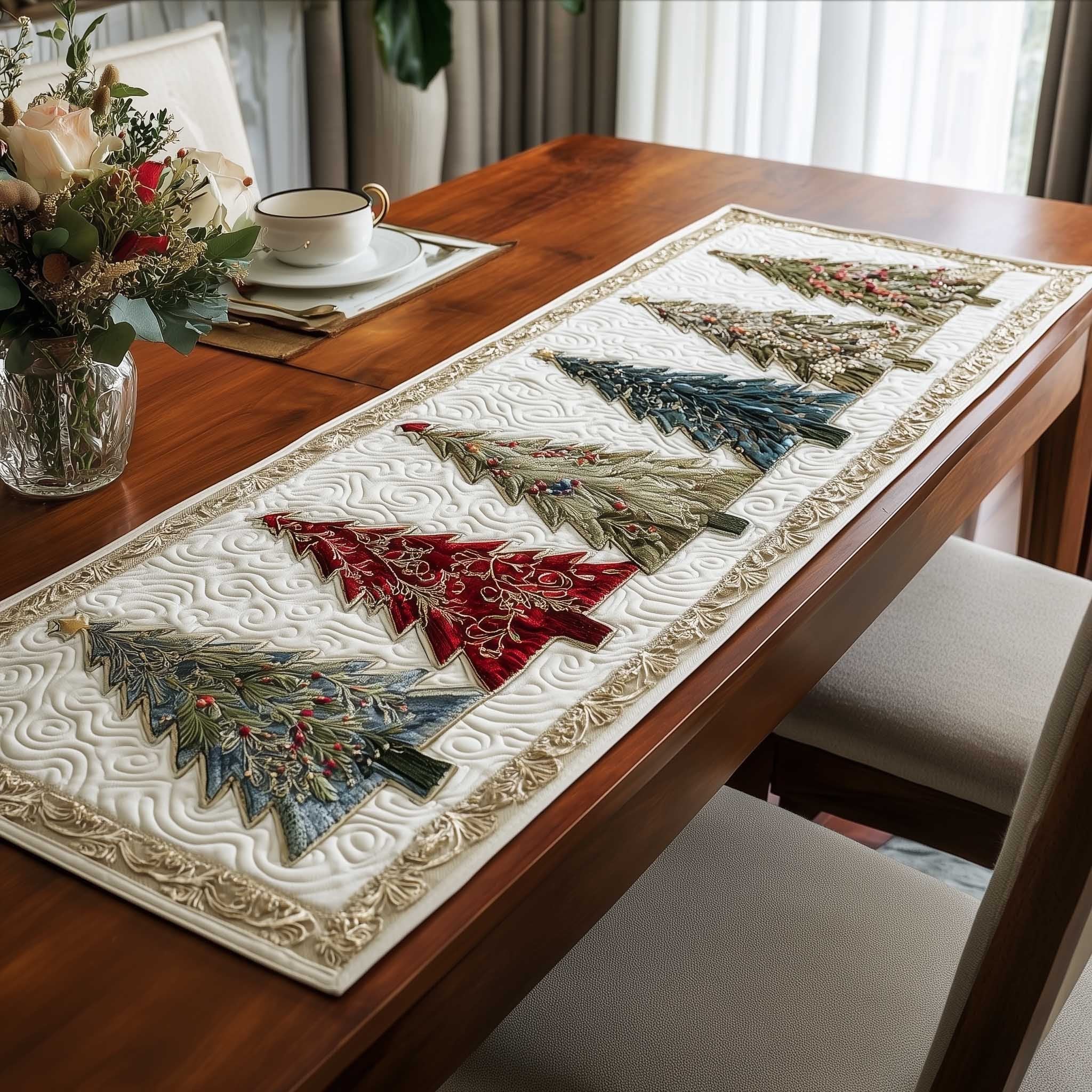 Red and Green Trees on Cream Table Runner