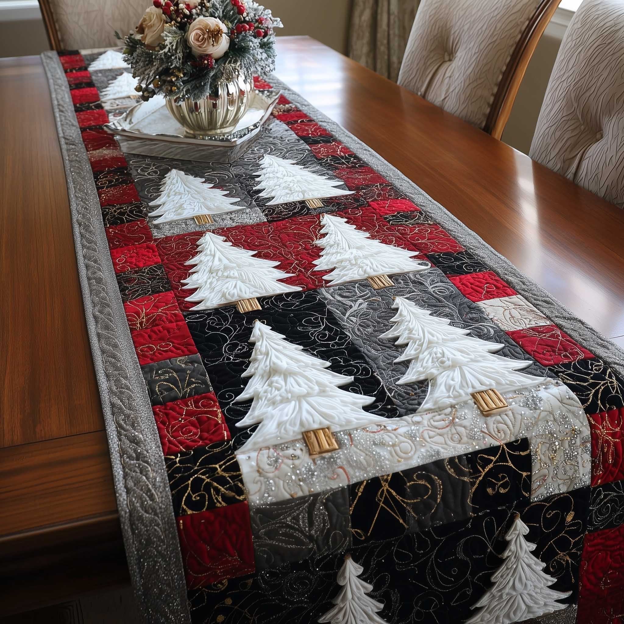 White Trees on Red and Black Table Runner