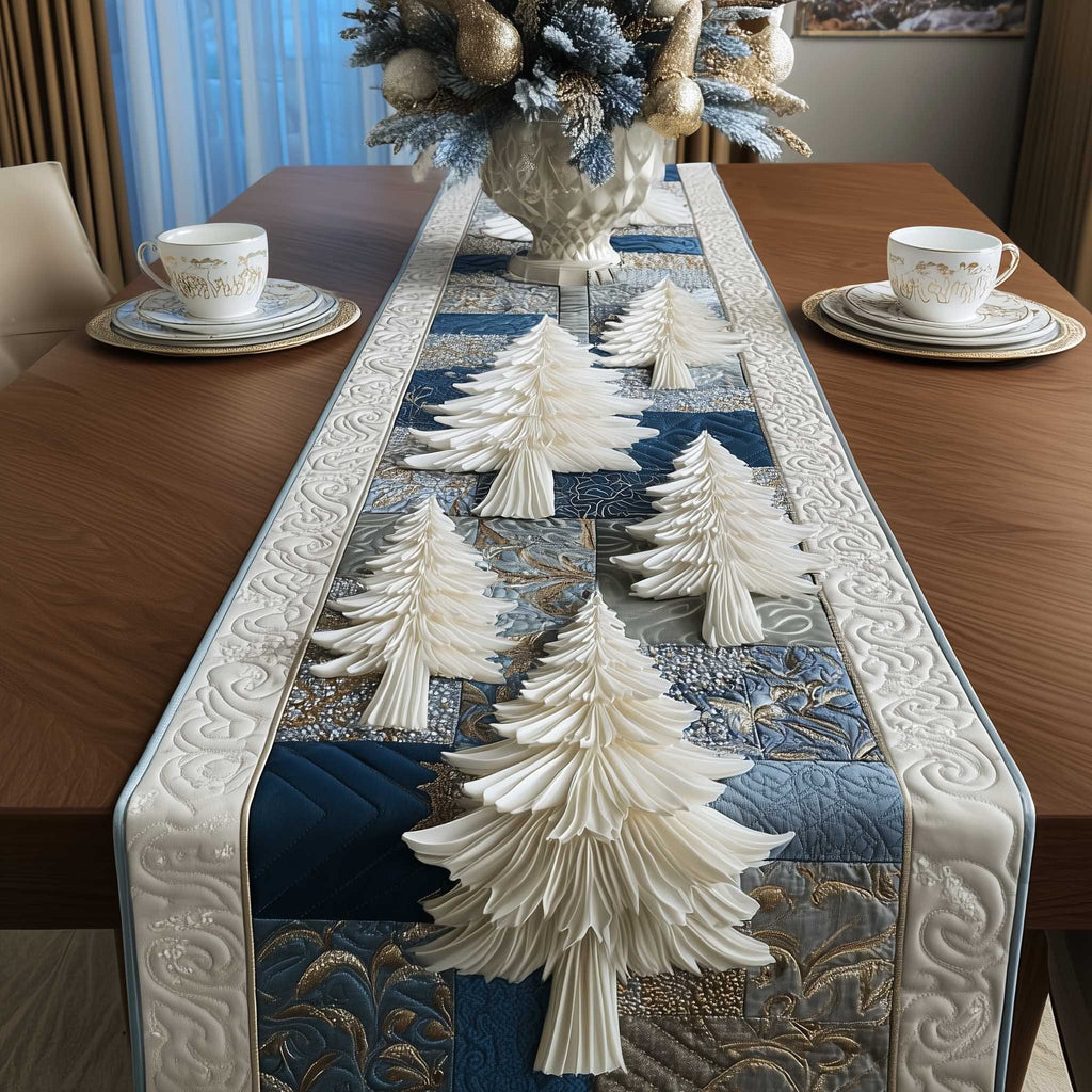 White Trees on Blue Patchwork Table Runner