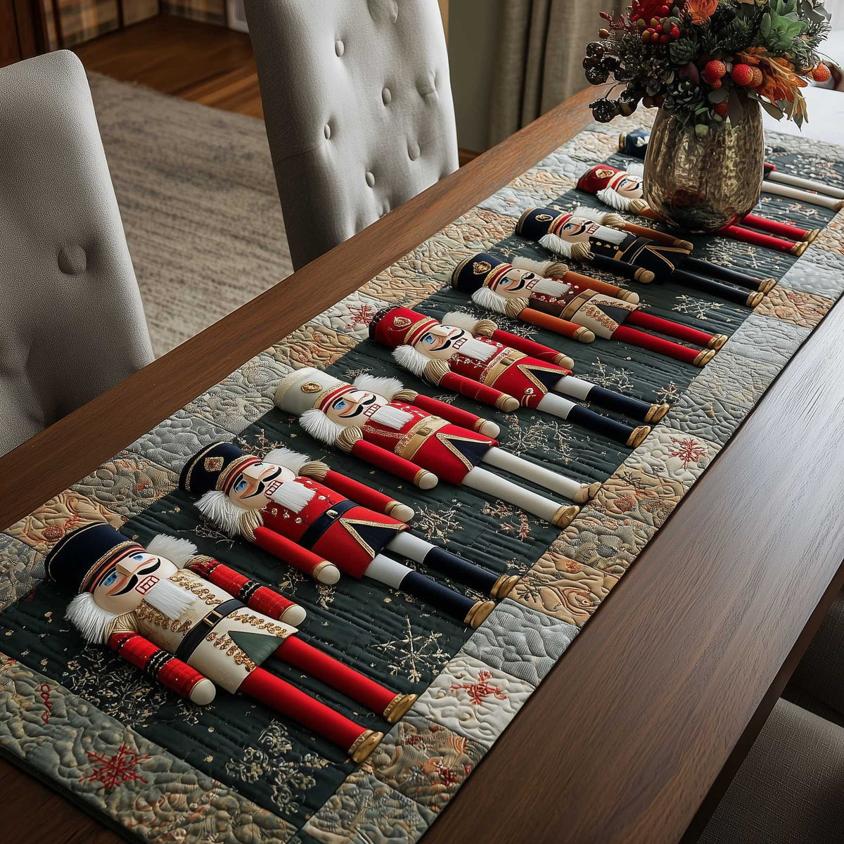 Red Nutcrackers on Green Panel Table Runner