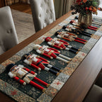 Red Nutcrackers on Green Panel Table Runner