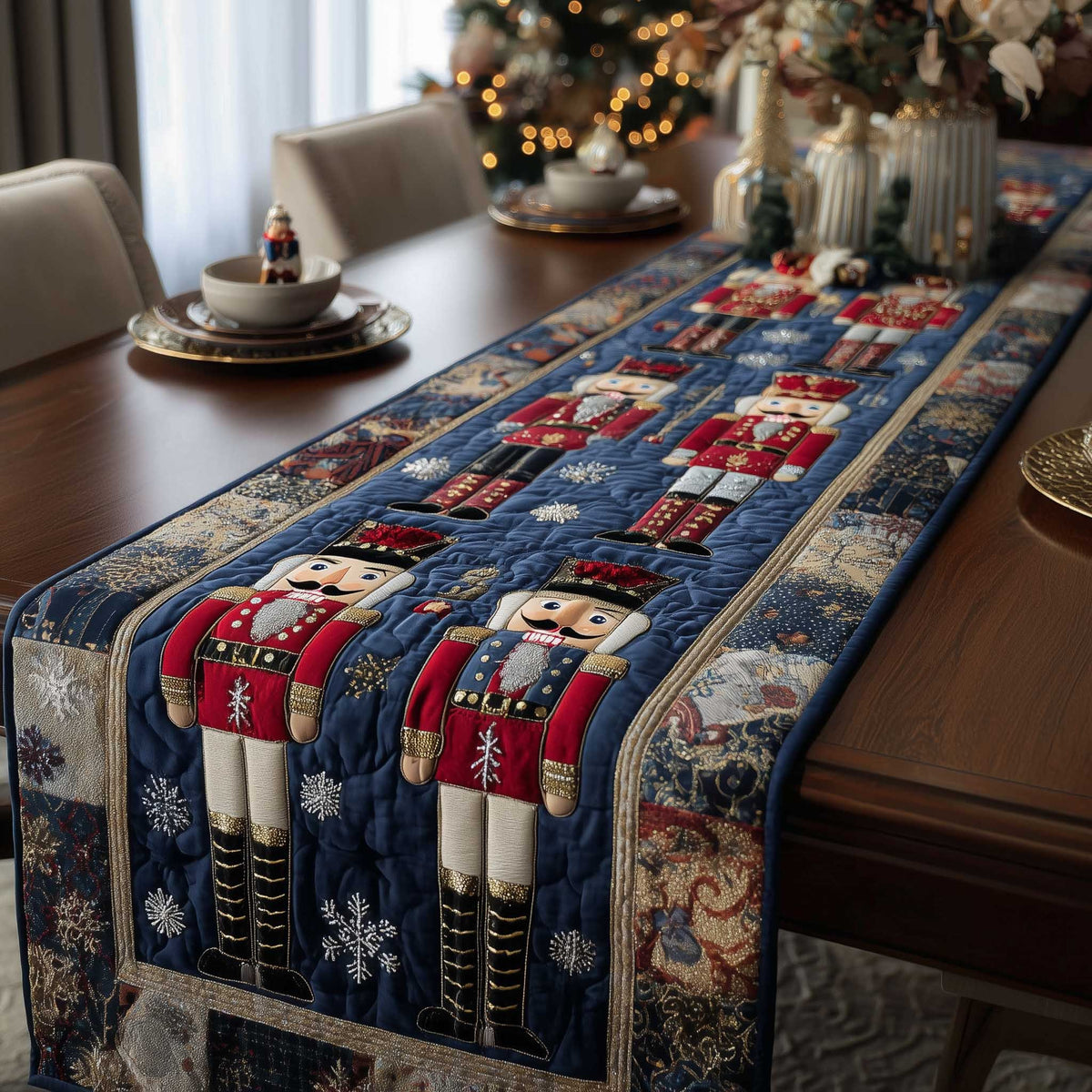 Nutcrackers on Blue with Snowflakes Table Runner