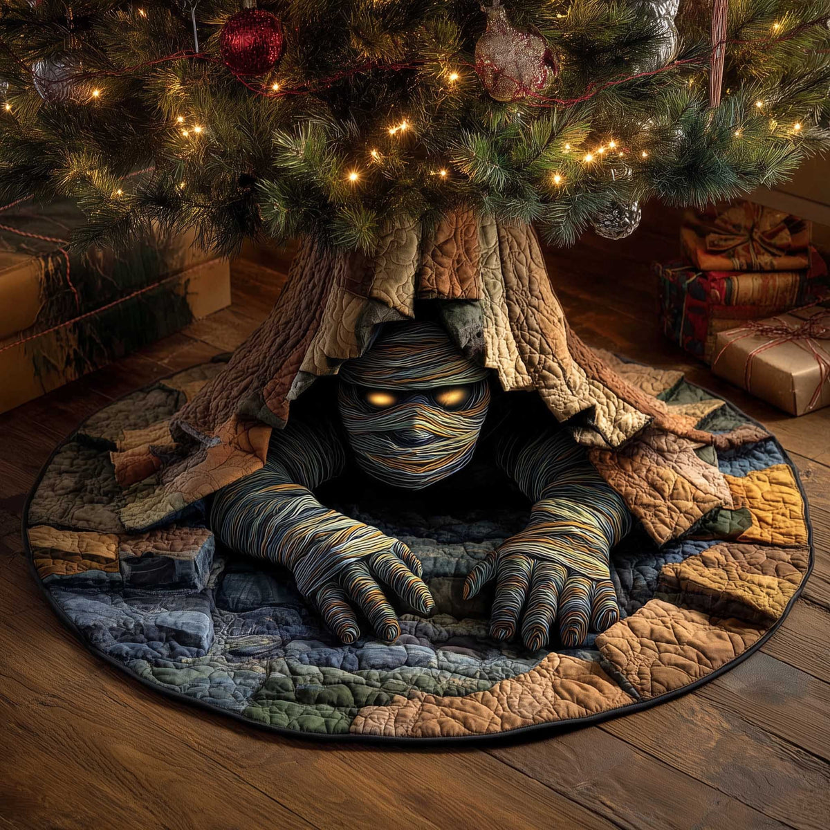 Mummy Crawling Under the Tree Roots Christmas Tree Skirt