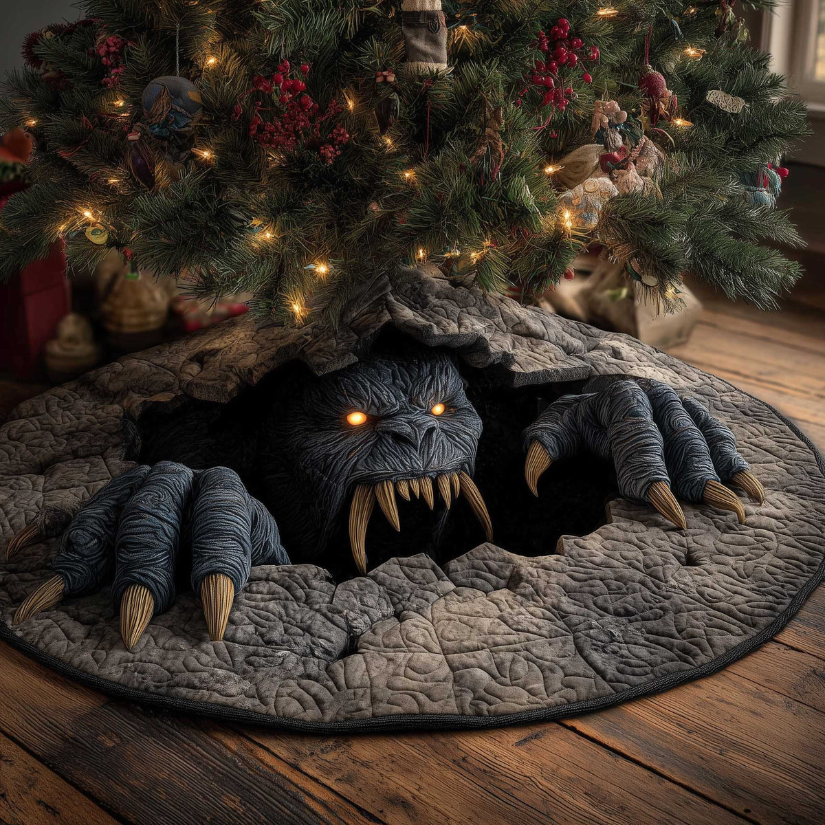 Monster with Glowing Eyes in the Cave Christmas Tree Skirt
