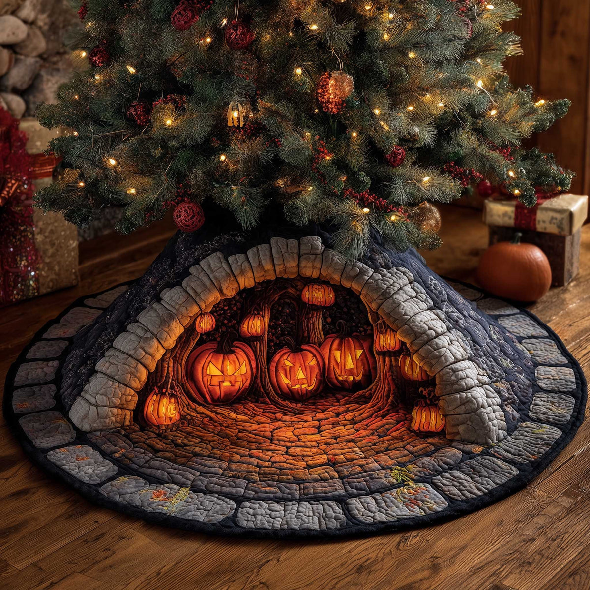 Glowing Pumpkins in the Stone Tunnel Christmas Tree Skirt