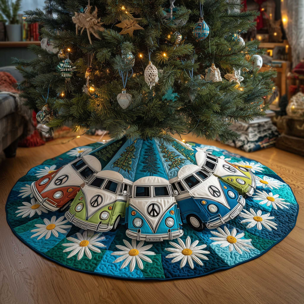 Blue Peace Vans on Teal Wedges Christmas Tree Skirt