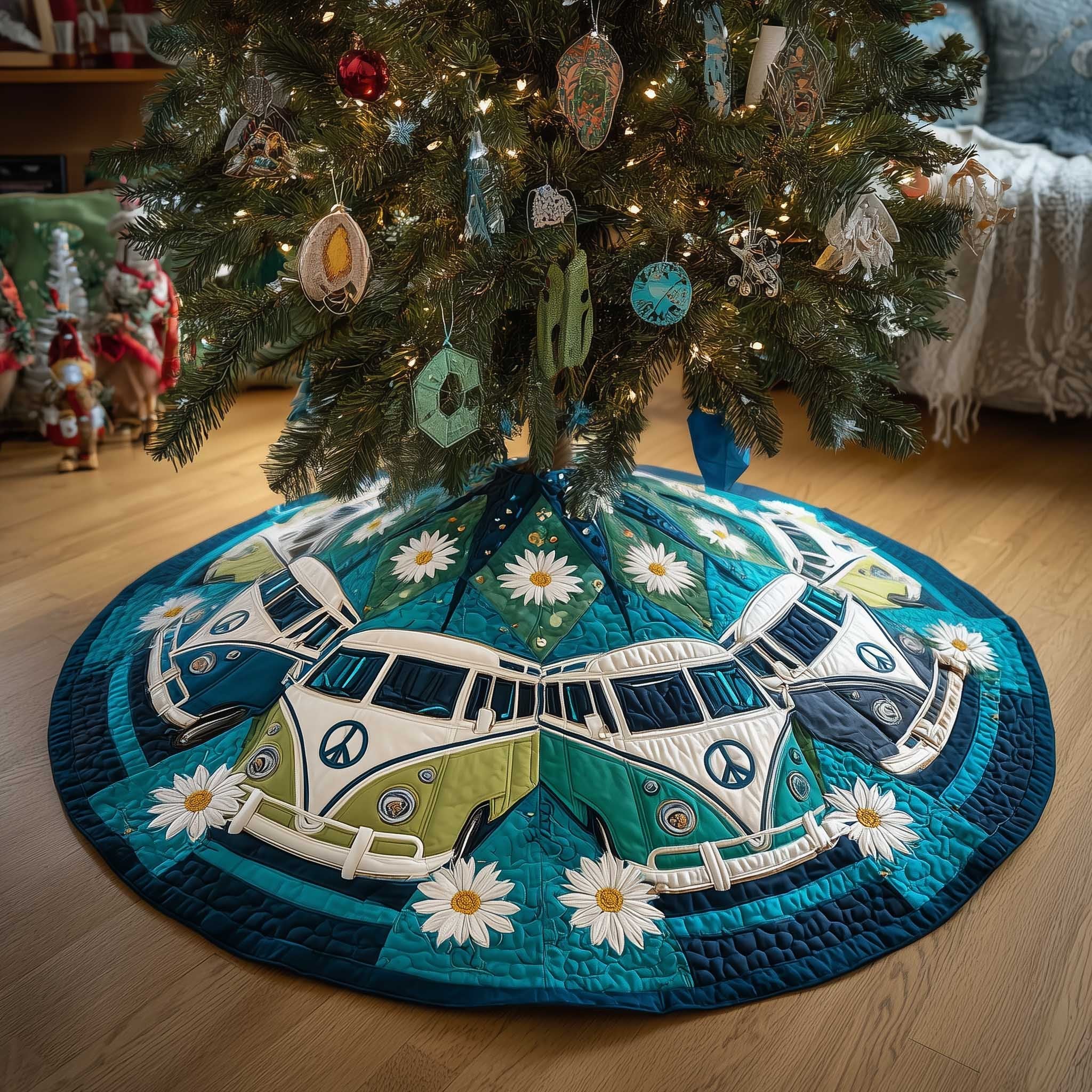 Teal Camper Vans with Daisies Christmas Tree Skirt