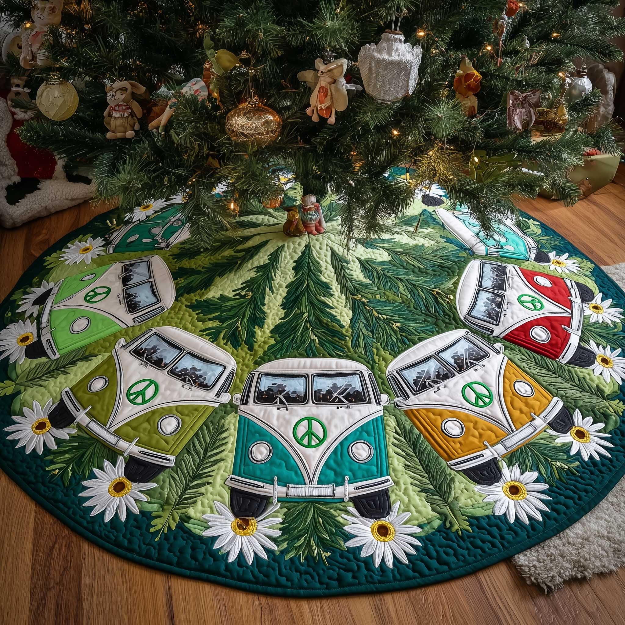 Green Camper Vans with Pine Trees Christmas Tree Skirt