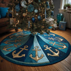 Gold Anchors on Teal Wedges Christmas Tree Skirt