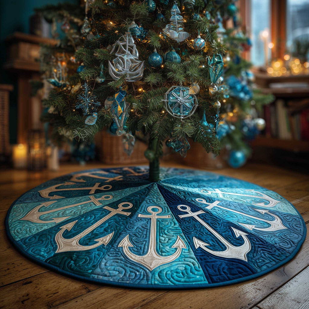 White Anchors on Ocean Blue Christmas Tree Skirt