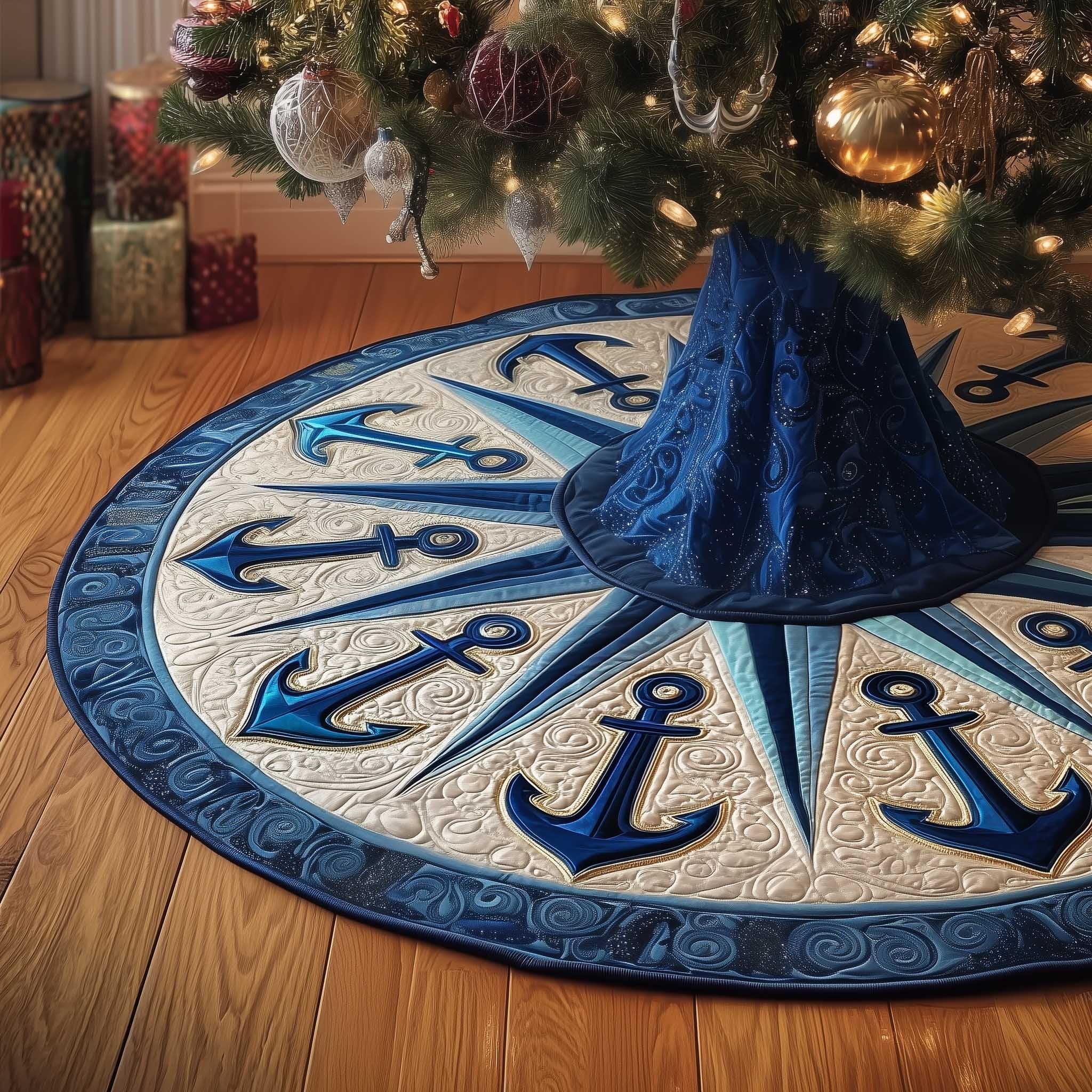Navy Anchors on the Cream Wheel Christmas Tree Skirt