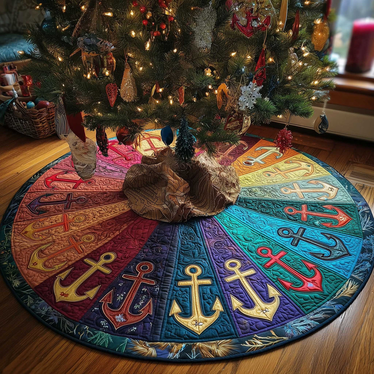 Anchors on the Rainbow Wedges Christmas Tree Skirt