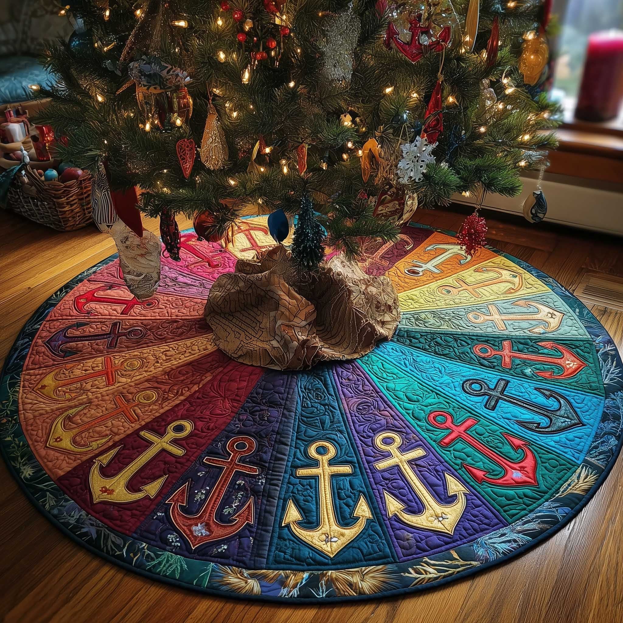 Anchors on the Rainbow Wedges Christmas Tree Skirt