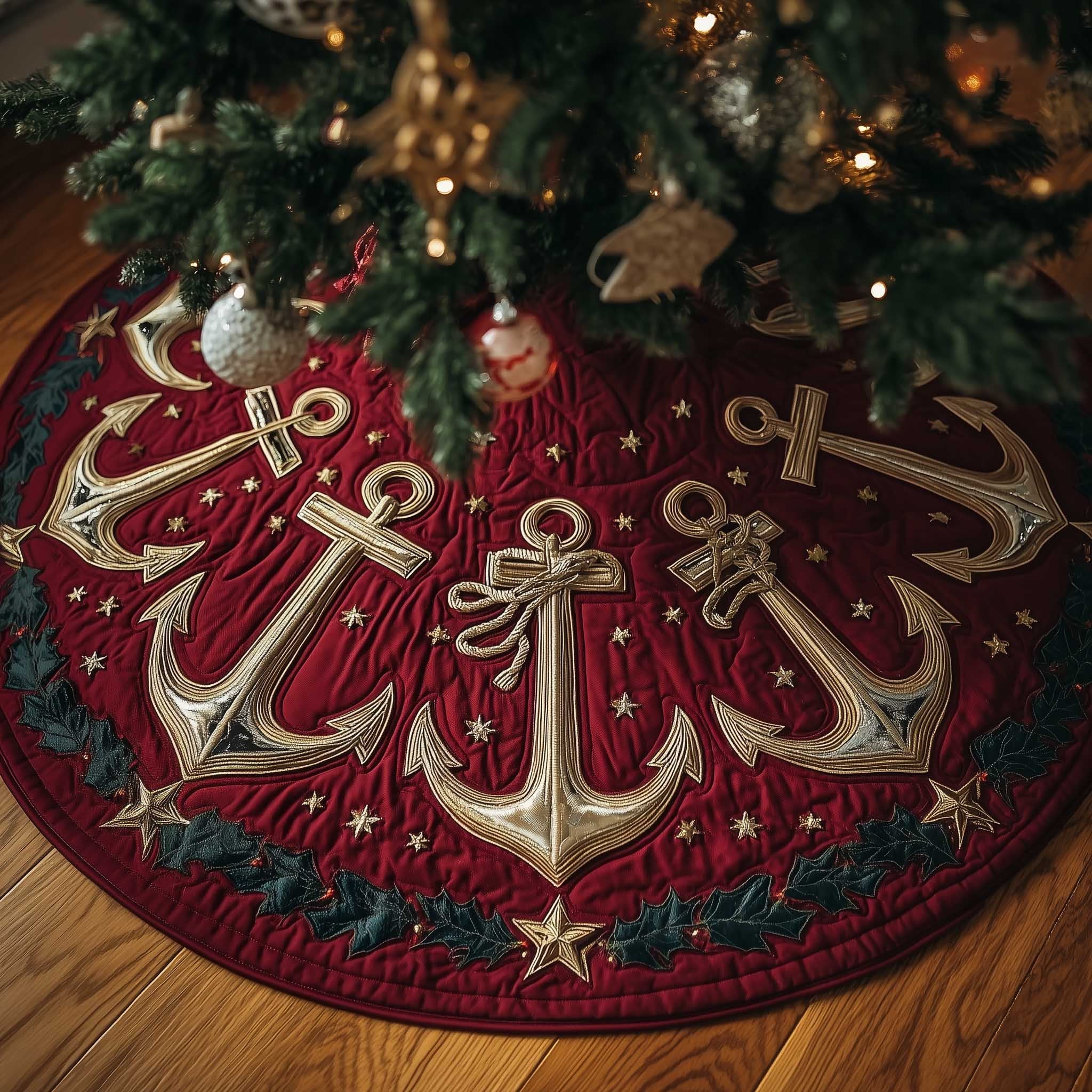 Ivory Anchors on Deep Red Christmas Tree Skirt