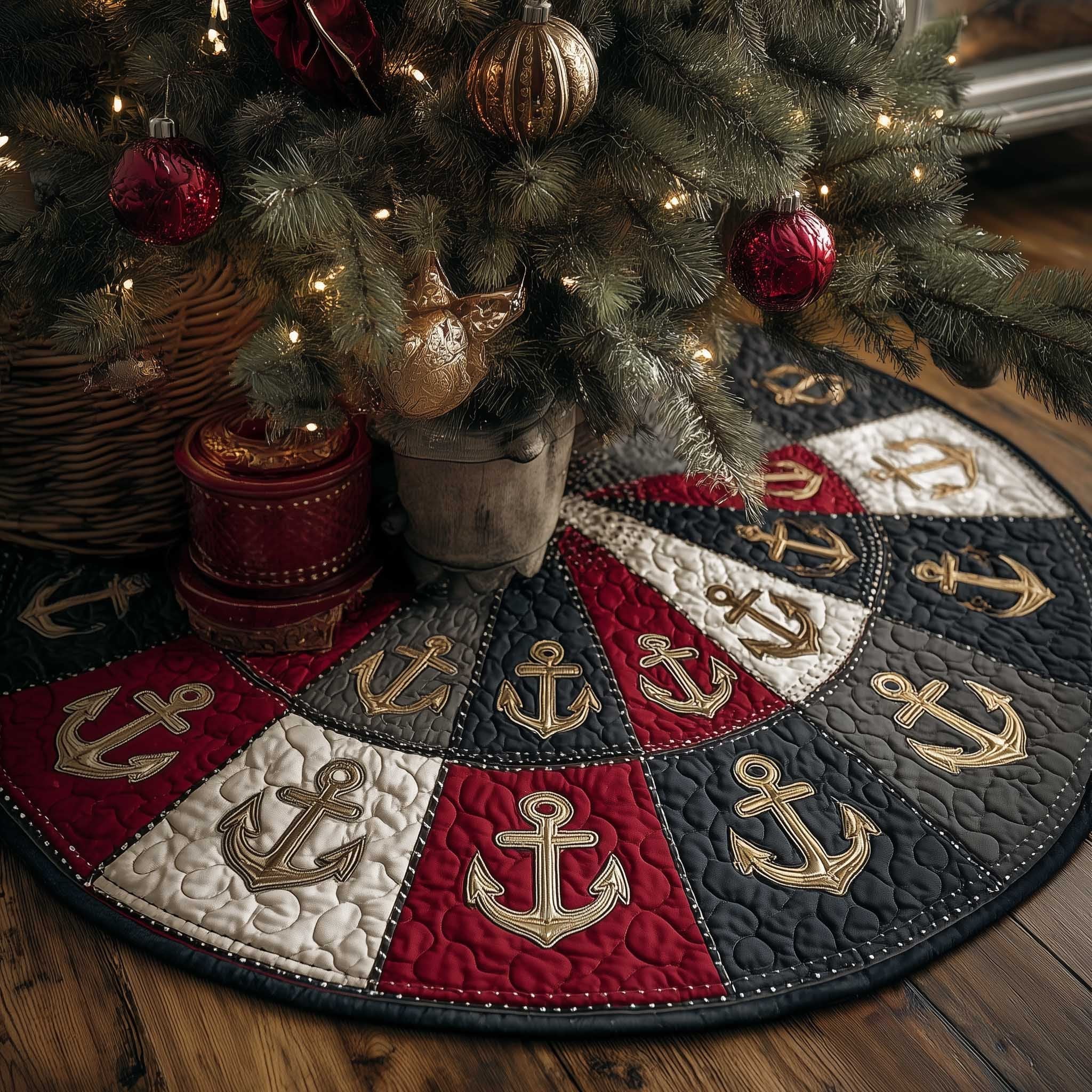 Anchors on Red and Charcoal Wedges Christmas Tree Skirt