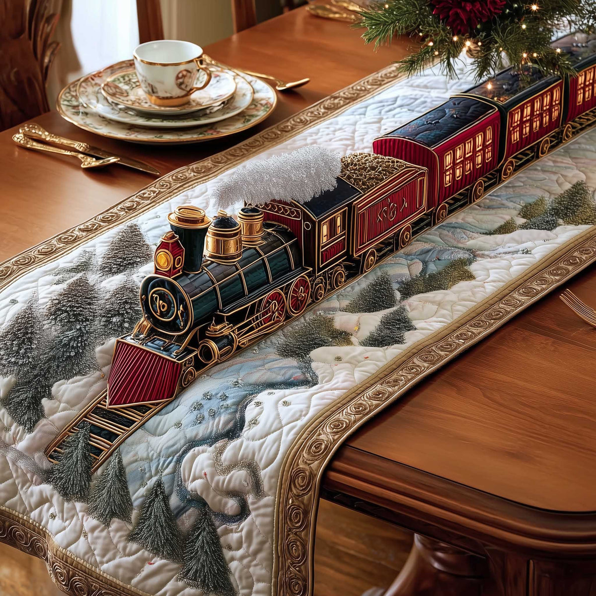 Red Steam Train on Quilted Snow Table Runner