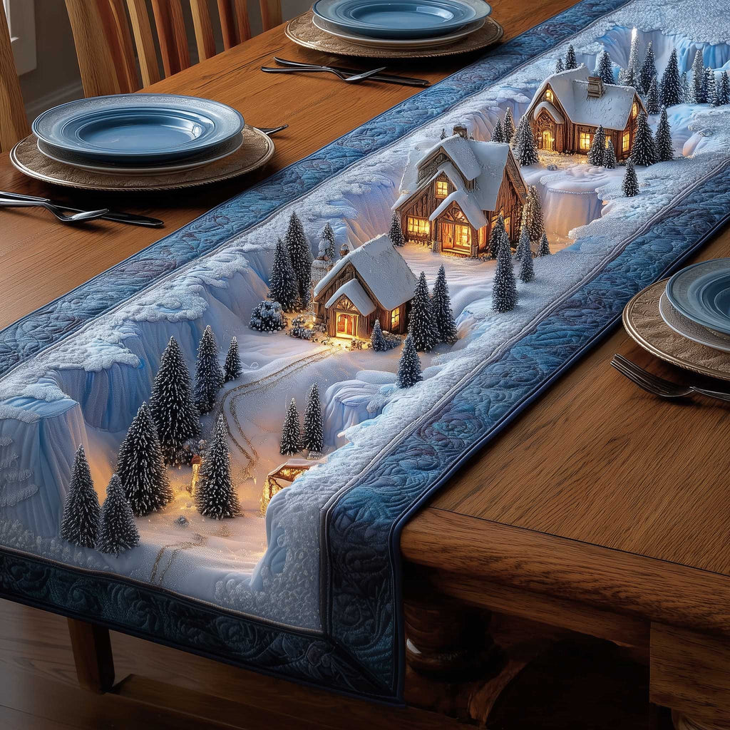 Snowy Village with Glowing Cottages Table Runner