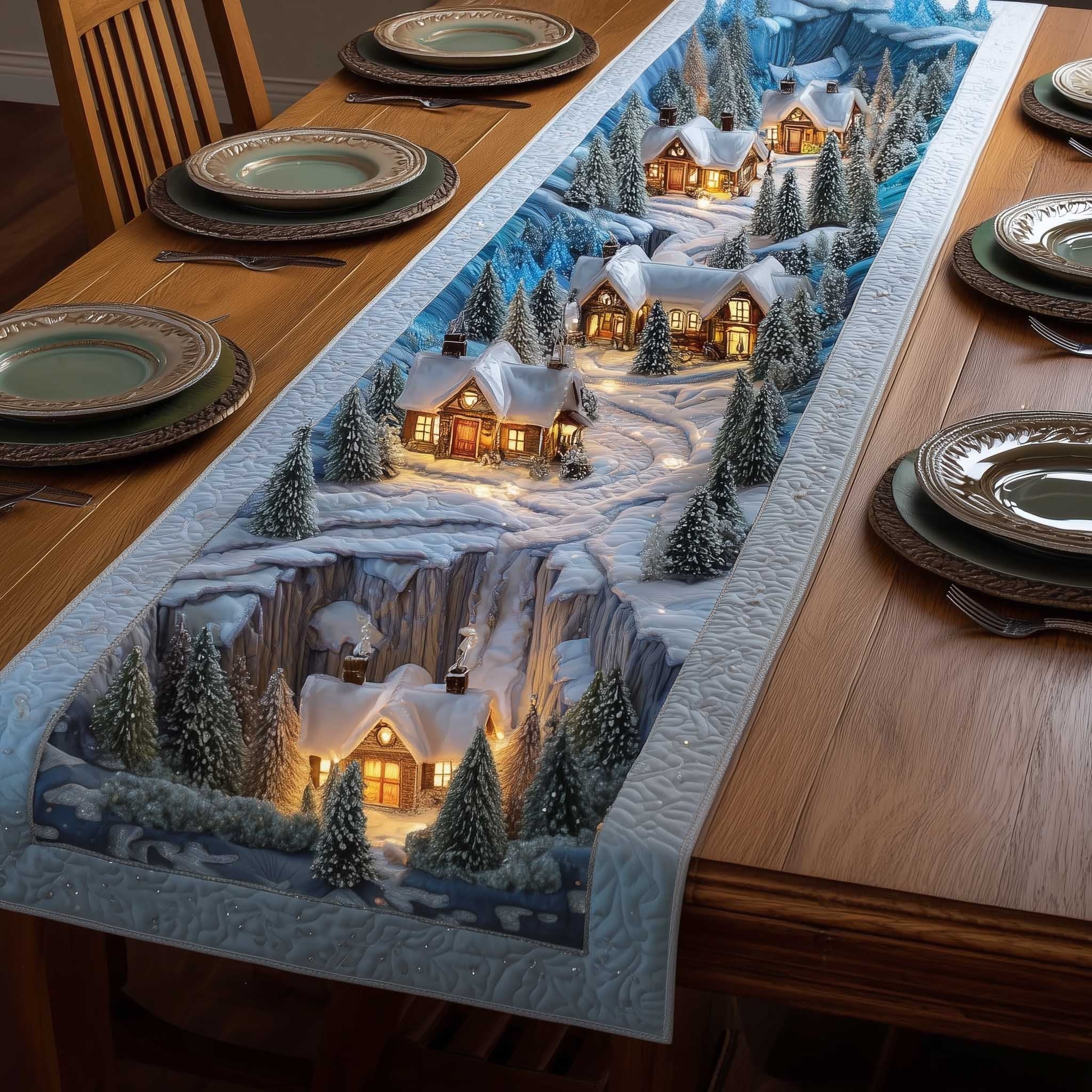 Winter Cottage Among Snowy Pines Table Runner