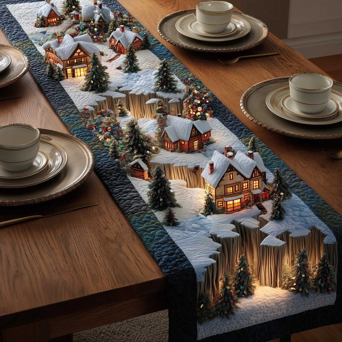 Snowy Hillside Village at Dusk Table Runner