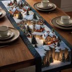 Snowy Hillside Village at Dusk Table Runner