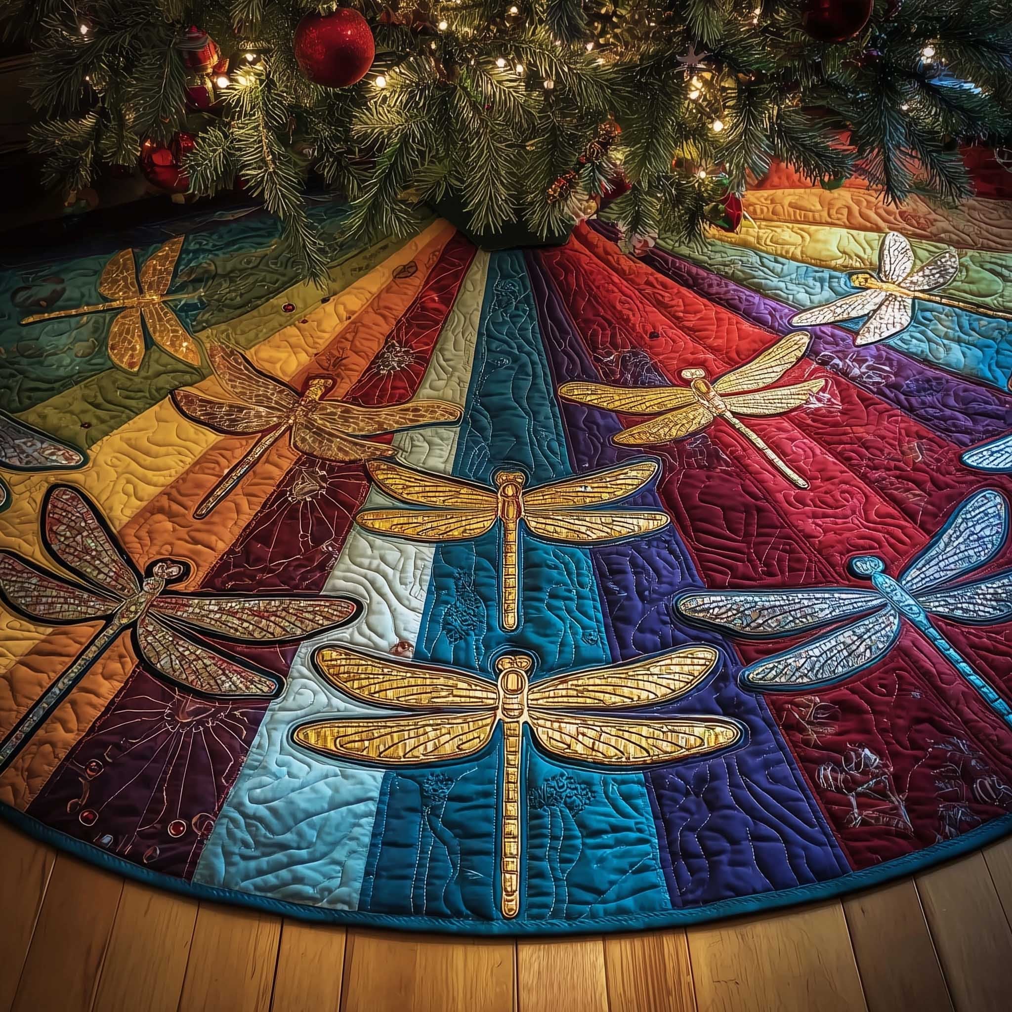 Dragonflies on Rainbow Wedges Christmas Tree Skirt