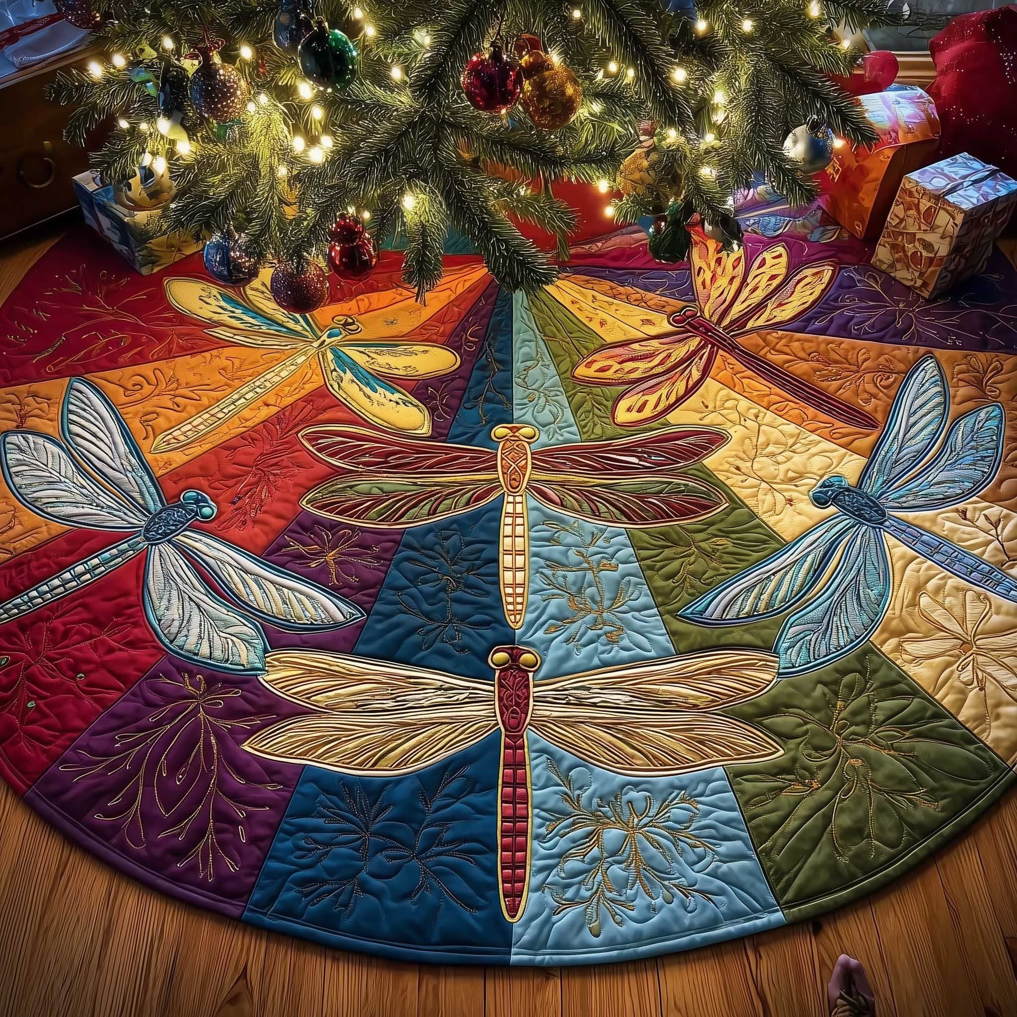 Dragonflies on Color Block Panels Christmas Tree Skirt