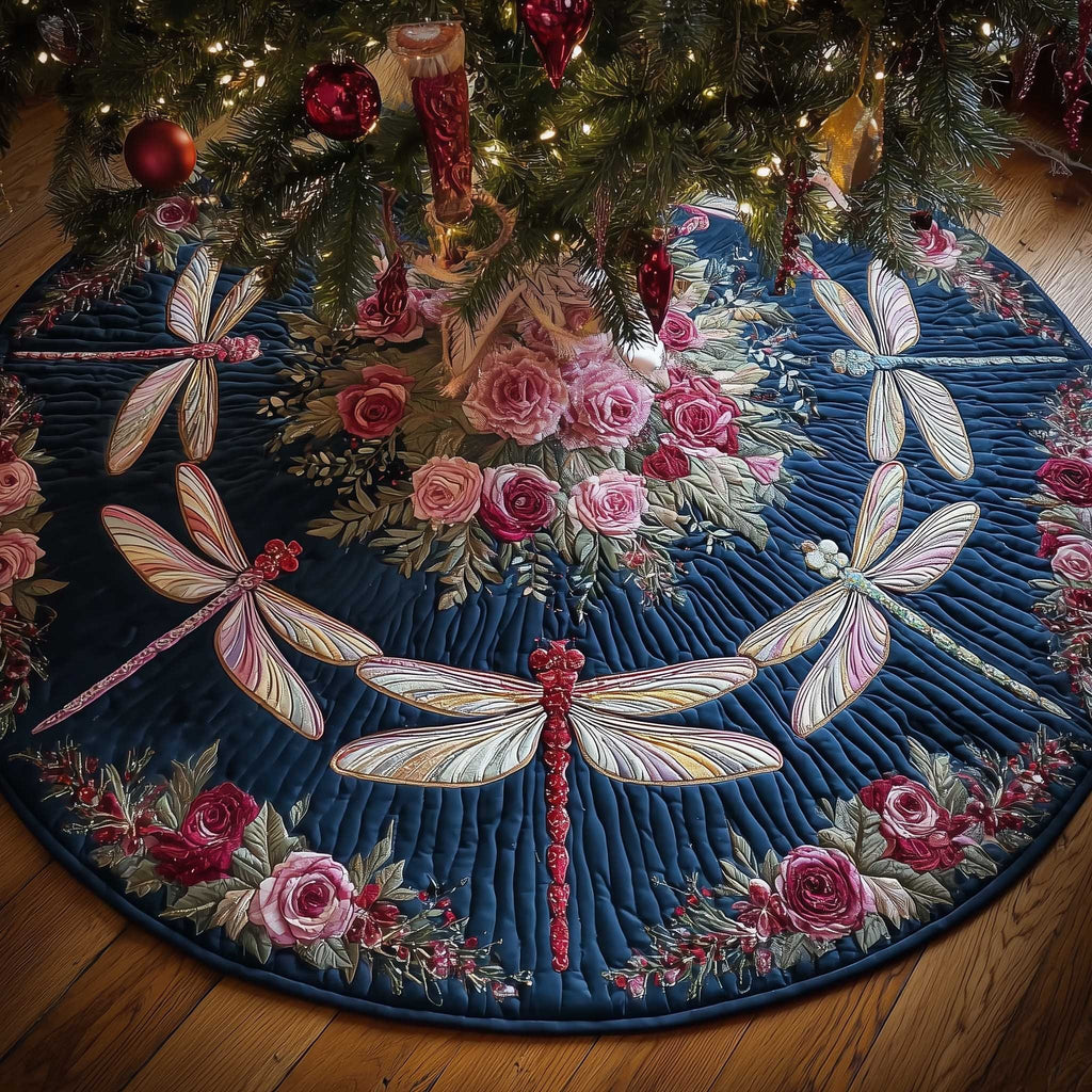 Dragonflies with Pink Roses on Navy Christmas Tree Skirt