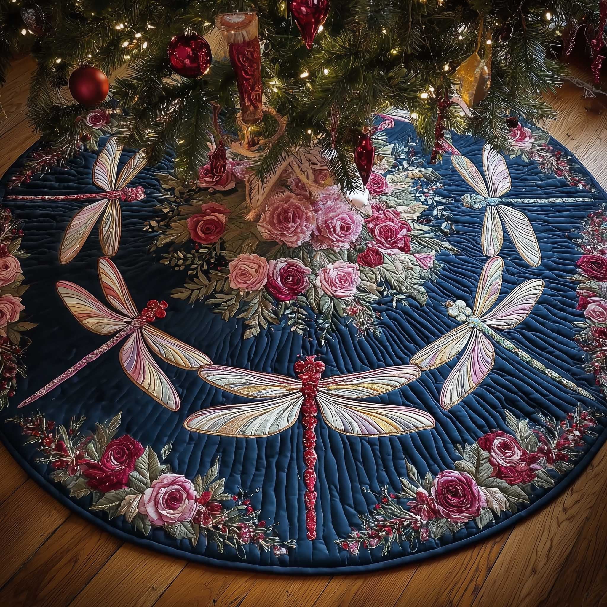 Dragonflies with Pink Roses on Navy Christmas Tree Skirt