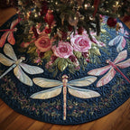 Dragonfly Among Roses Deep Blue Christmas Tree Skirt