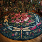 Dragonflies and Roses on Teal Christmas Tree Skirt