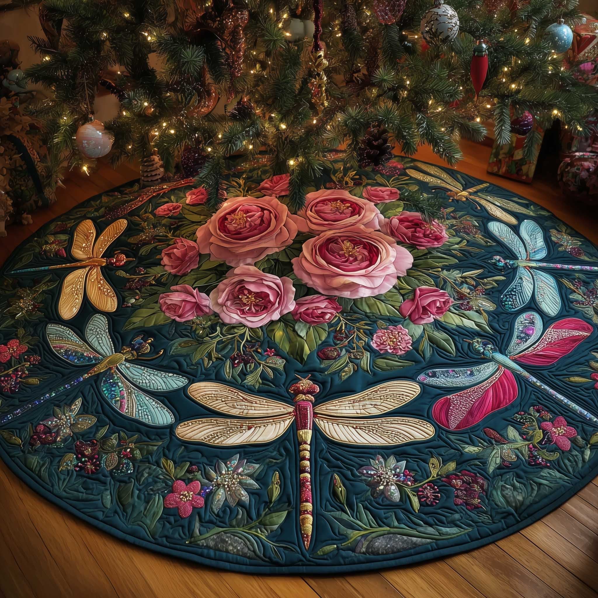 Dragonflies and Roses on Teal Christmas Tree Skirt
