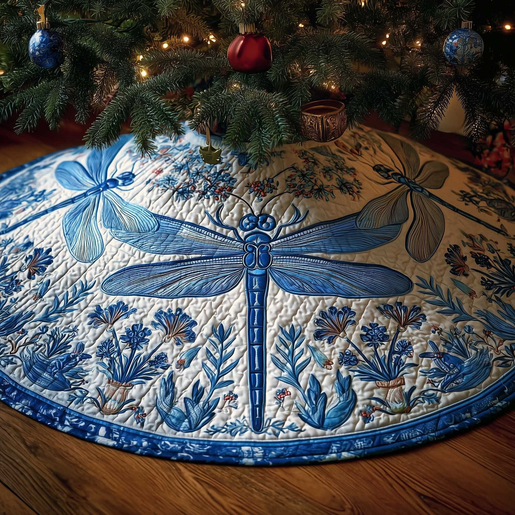 Blue and White Delft Dragonfly Christmas Tree Skirt