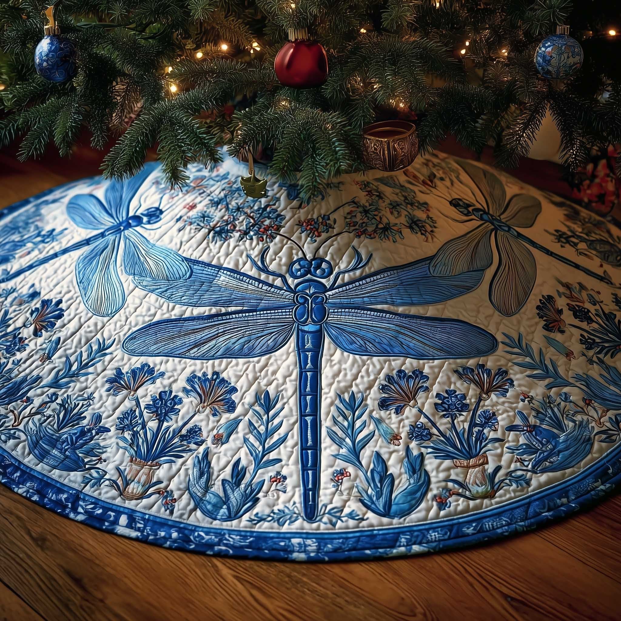 Blue and White Delft Dragonfly Christmas Tree Skirt