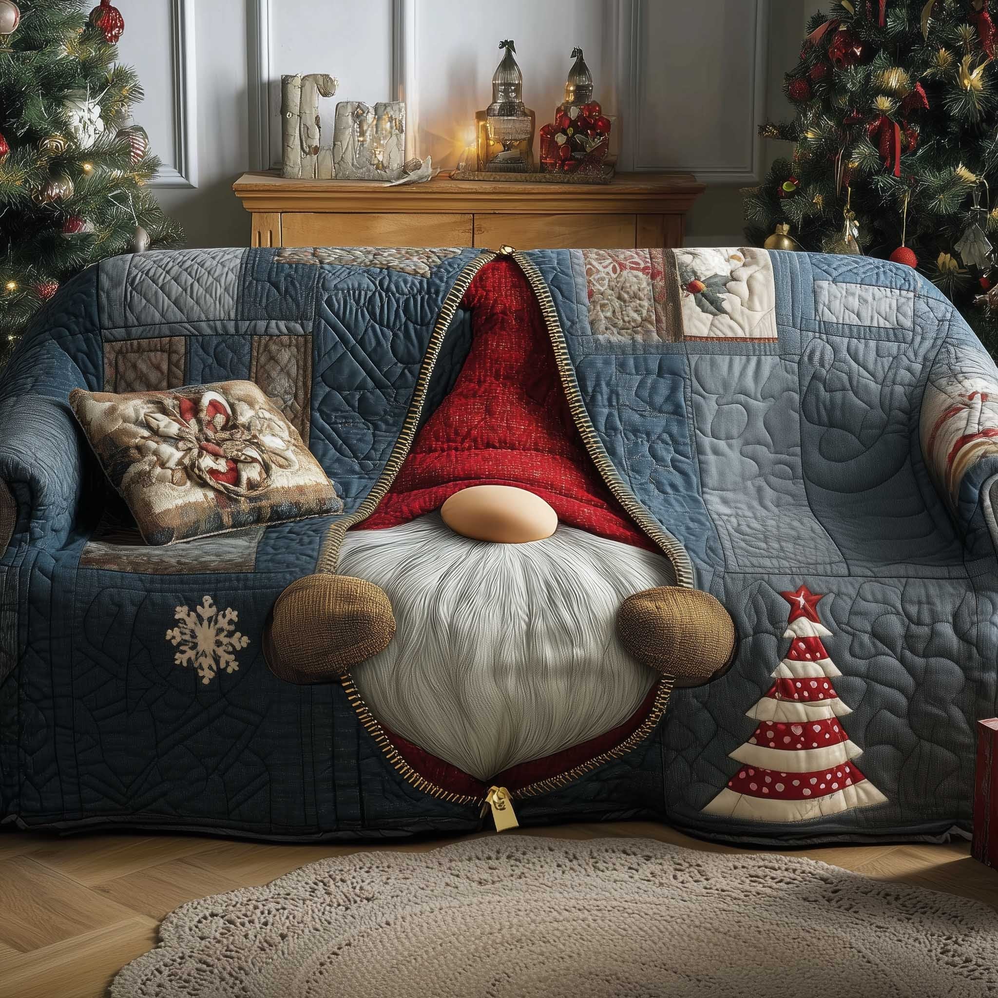 Gnome in a Red Hat on the Blue Quilt Sofa Cover