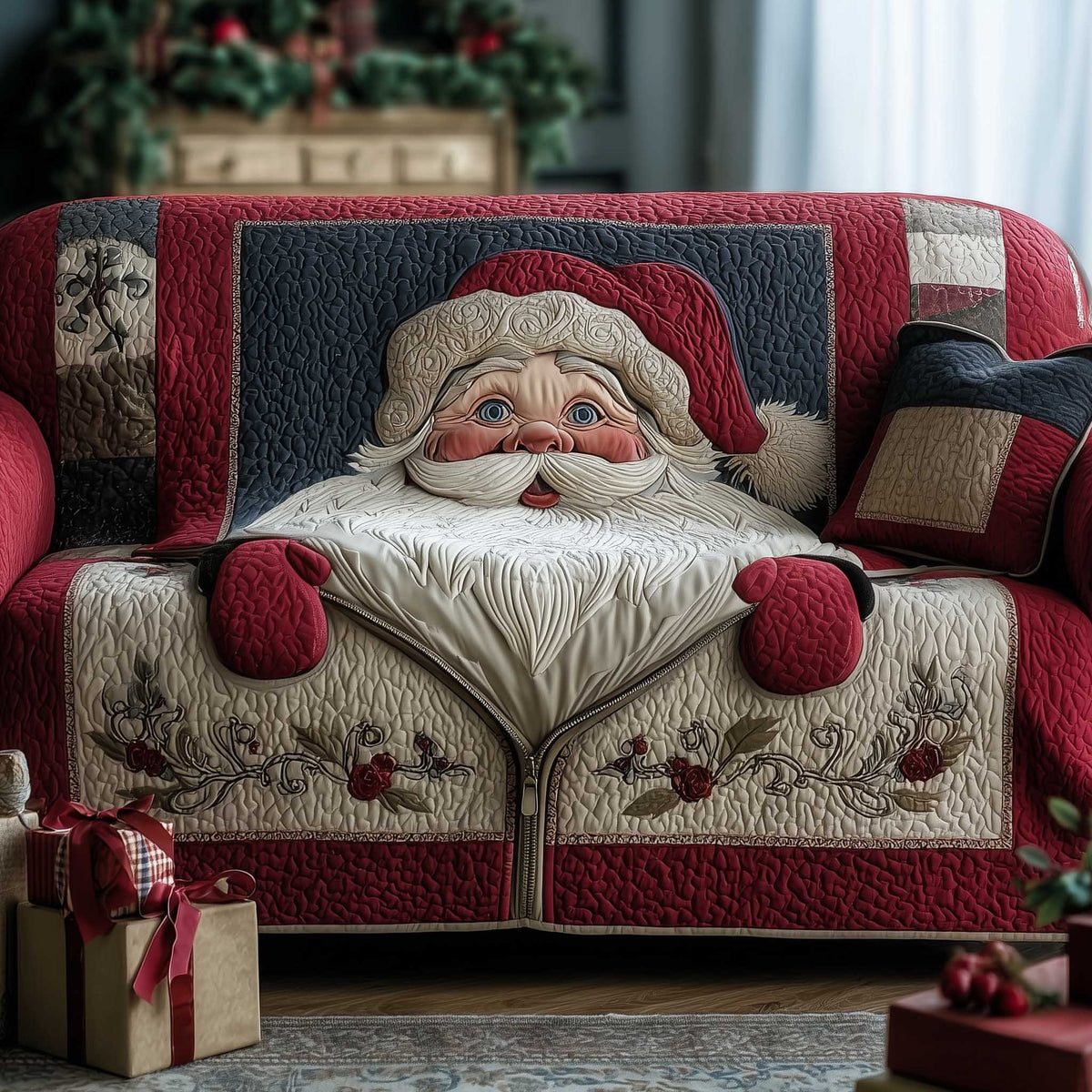 Large Santa Face on Cream Sofa Cover