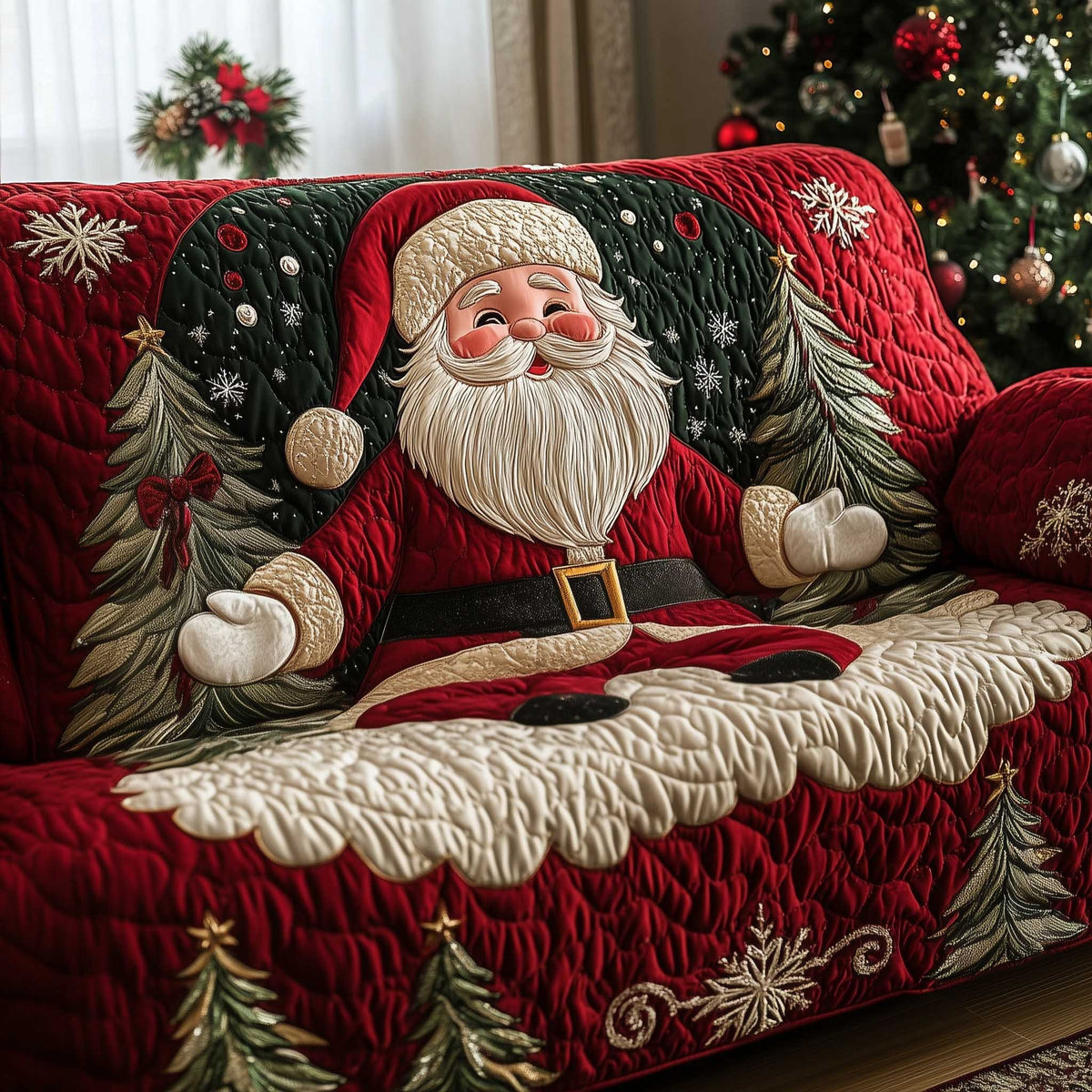 Santa Reclining on the Red Quilt Sofa Cover