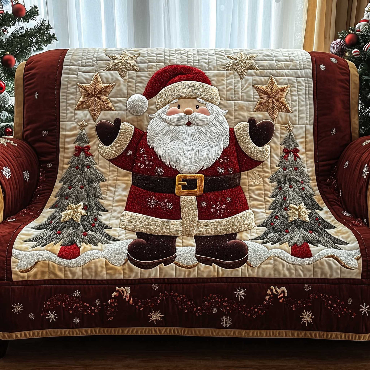Santa Waving Between Two Firs Sofa Cover
