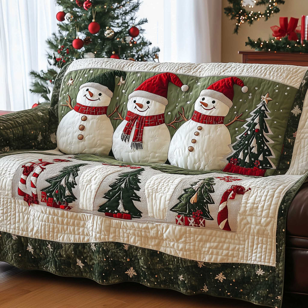 Snowmen in Red Hats Over Green Trees Sofa Cover