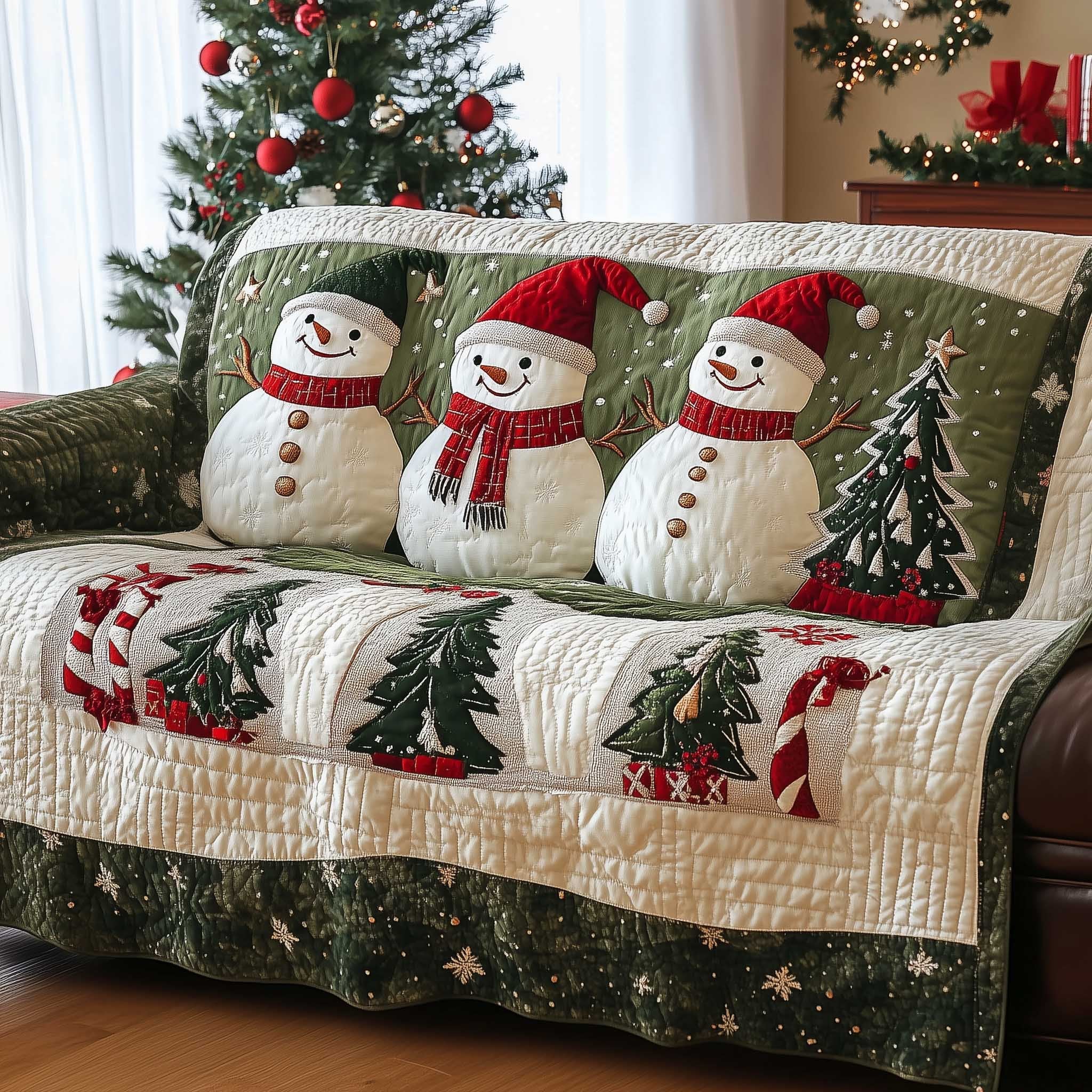 Snowmen in Red Hats Over Green Trees Sofa Cover