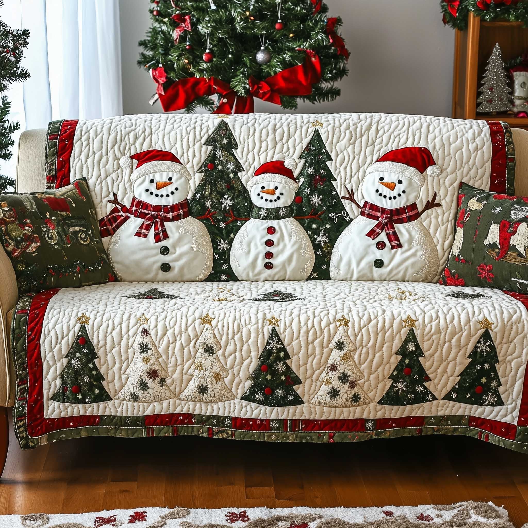 Snowmen and Pines on Cream Sofa Cover