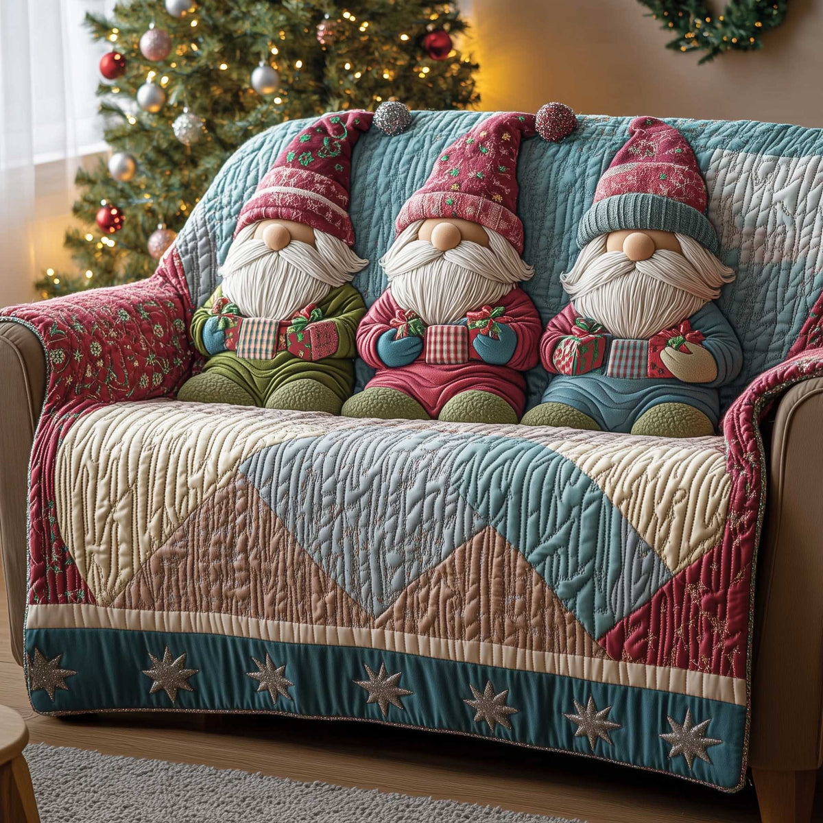 Row of Gnomes on the Teal Quilt Sofa Cover