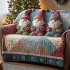 Row of Gnomes on the Teal Quilt Sofa Cover