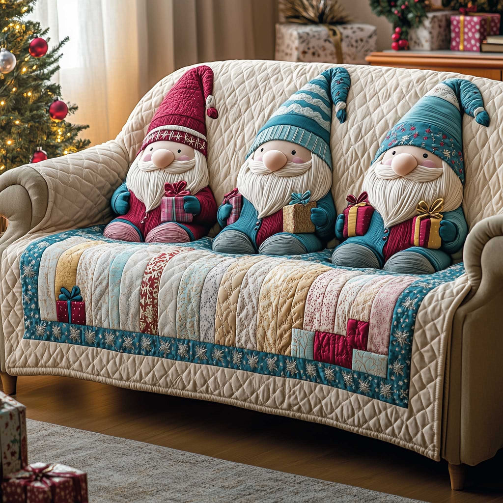 Gnomes with Gifts on Cream Patchwork Sofa Cover